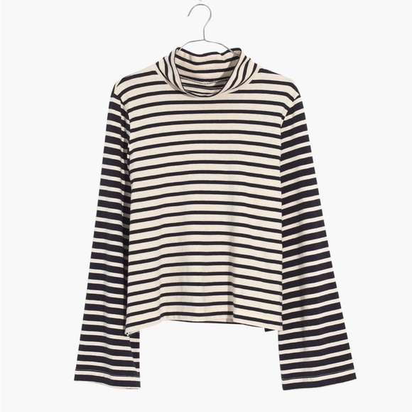 Madewell Wide Sleeve Turtleneck Top in Stripe Ivory Navy Blue - Picture 2 of 8
